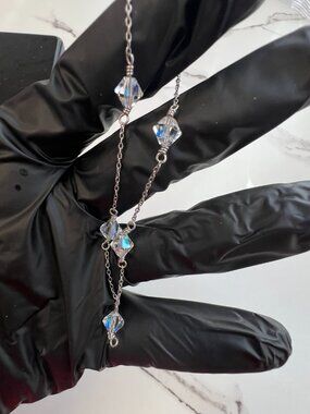Silver Tone Crystal Beaded Bracelet Delicate Chain Clear Faceted Beads Jewelry